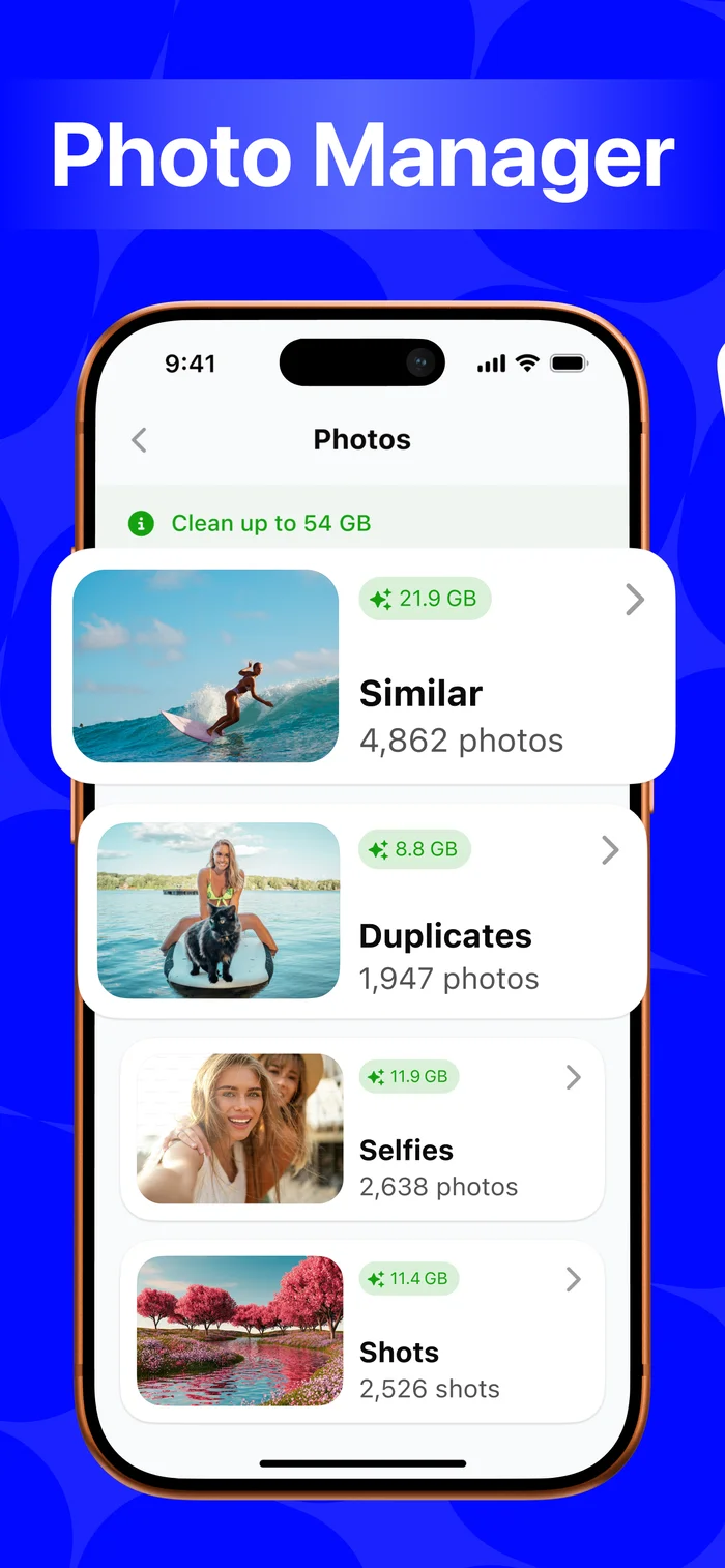 Sweepo Photo Manager screen showing Similar, Duplicates, Selfies and Shots categories